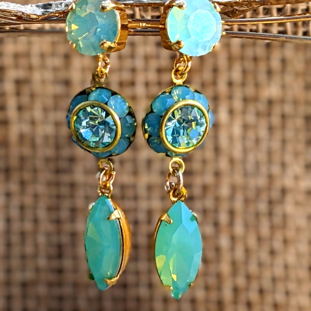 Green Mint Pacific Opal Swarovski Crystal in Long Drop Earrings in Yellow Gold - Picture 4 of 6